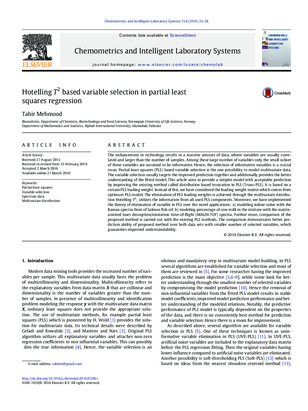 Hotelling T2 based variable selection in partial least squares regression