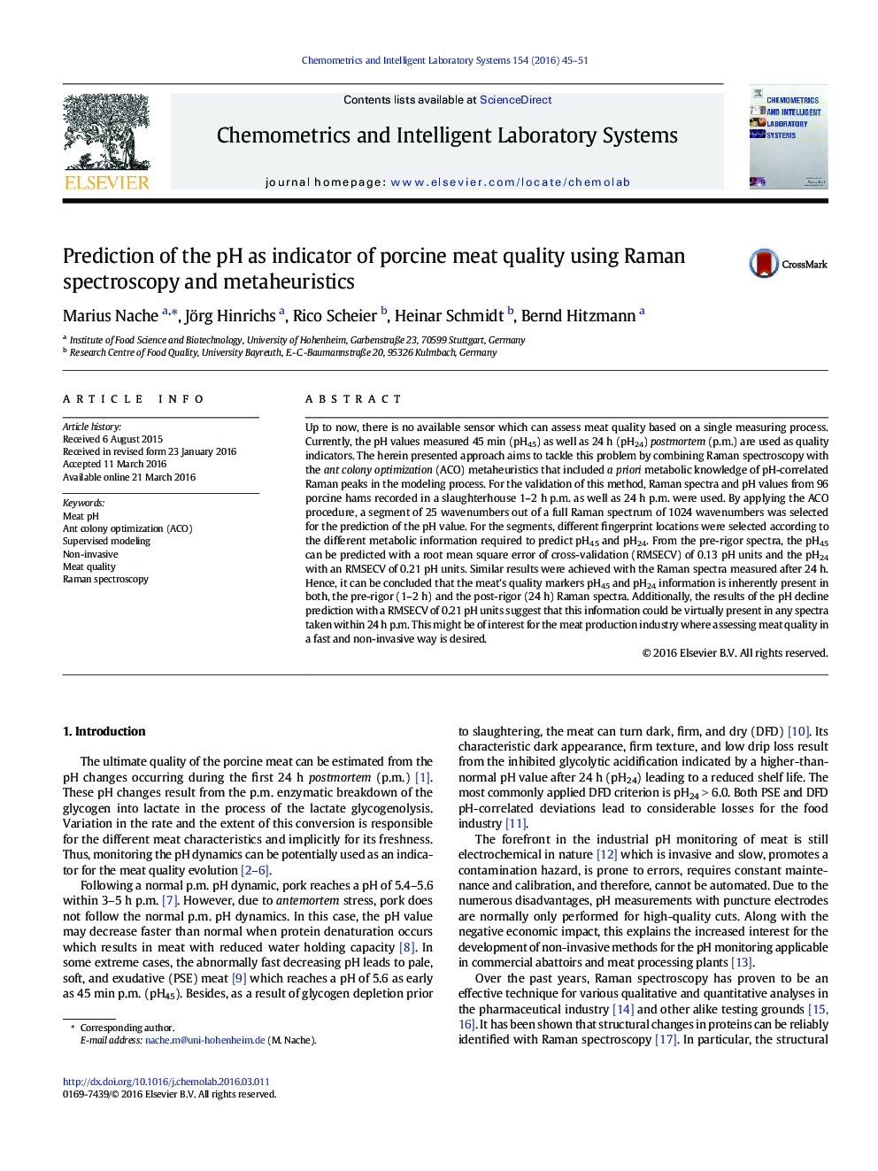 Prediction of the pH as indicator of porcine meat quality using Raman spectroscopy and metaheuristics