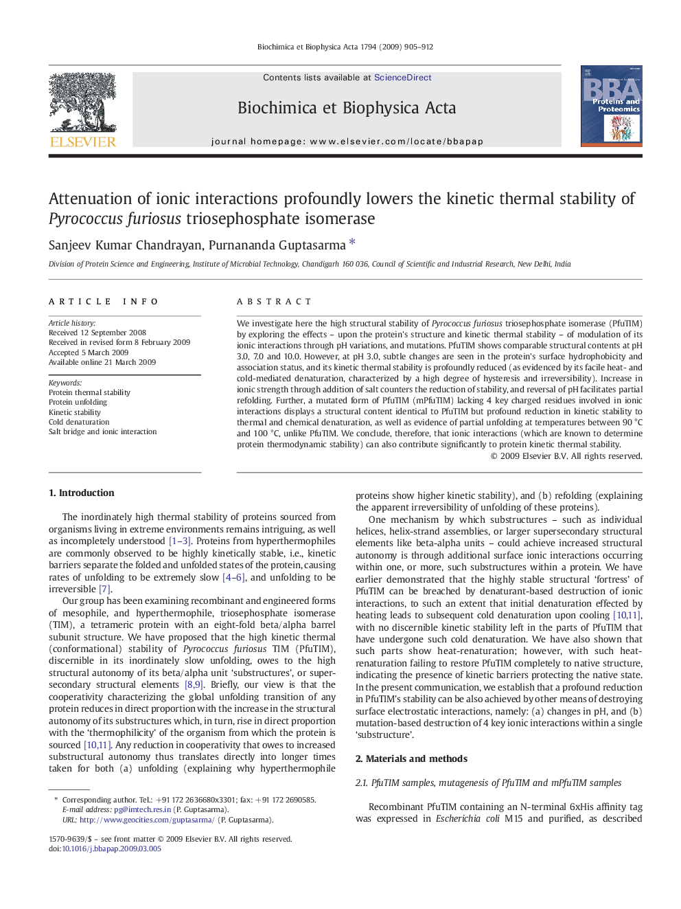 Attenuation of ionic interactions profoundly lowers the kinetic thermal stability of Pyrococcus furiosus triosephosphate isomerase