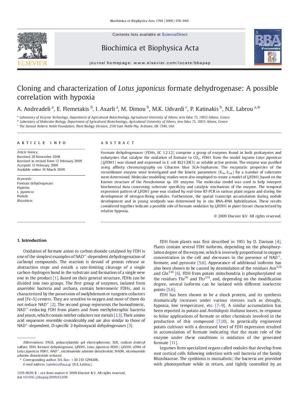 Cloning and characterization of Lotus japonicus formate dehydrogenase: A possible correlation with hypoxia