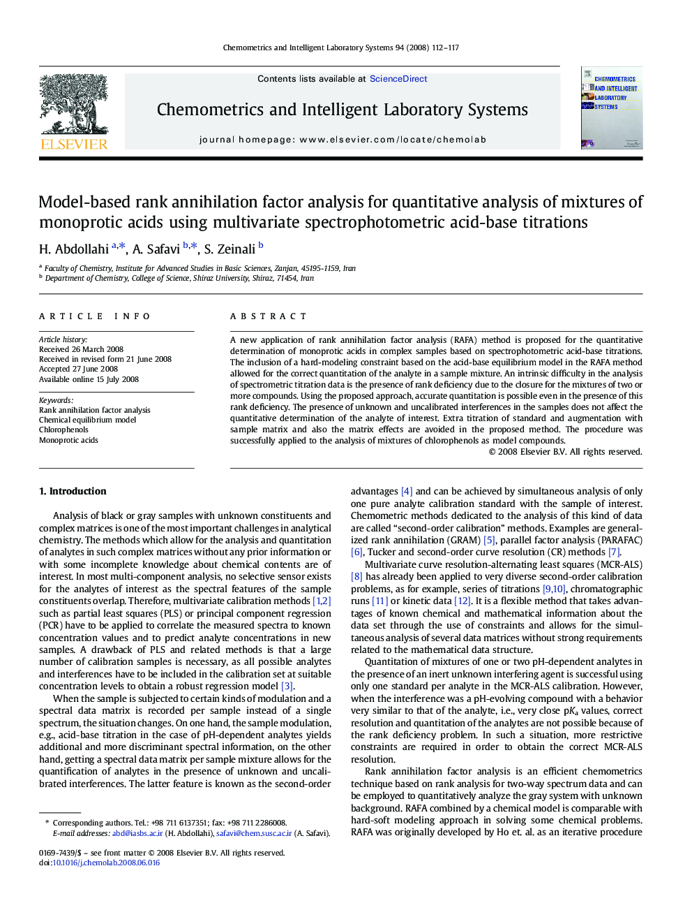 Model-based rank annihilation factor analysis for quantitative analysis of mixtures of monoprotic acids using multivariate spectrophotometric acid-base titrations