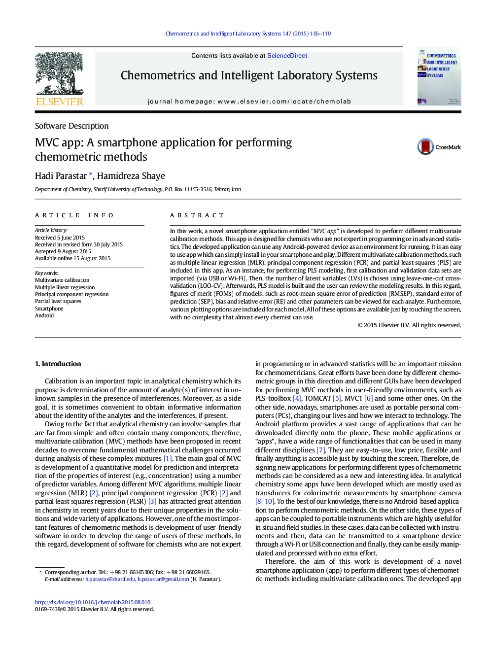 MVC app: A smartphone application for performing chemometric methods