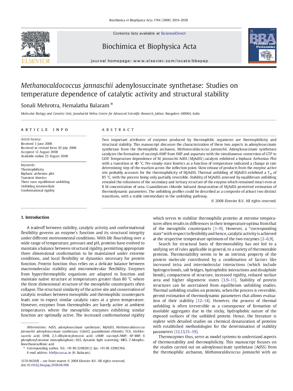 Methanocaldococcus jannaschii adenylosuccinate synthetase: Studies on temperature dependence of catalytic activity and structural stability