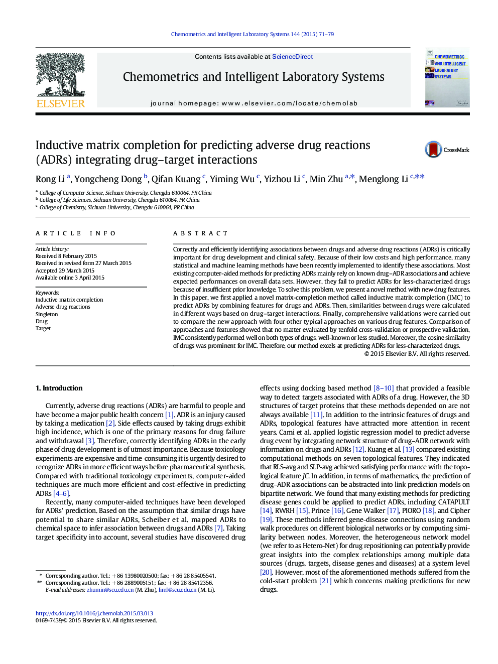 Inductive matrix completion for predicting adverse drug reactions (ADRs) integrating drug–target interactions