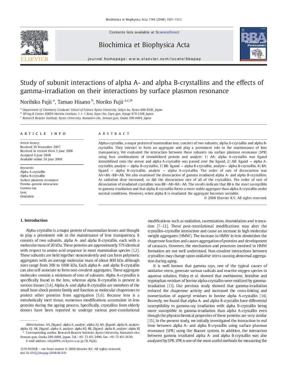 Study of subunit interactions of alpha A- and alpha B-crystallins and the effects of gamma-irradiation on their interactions by surface plasmon resonance