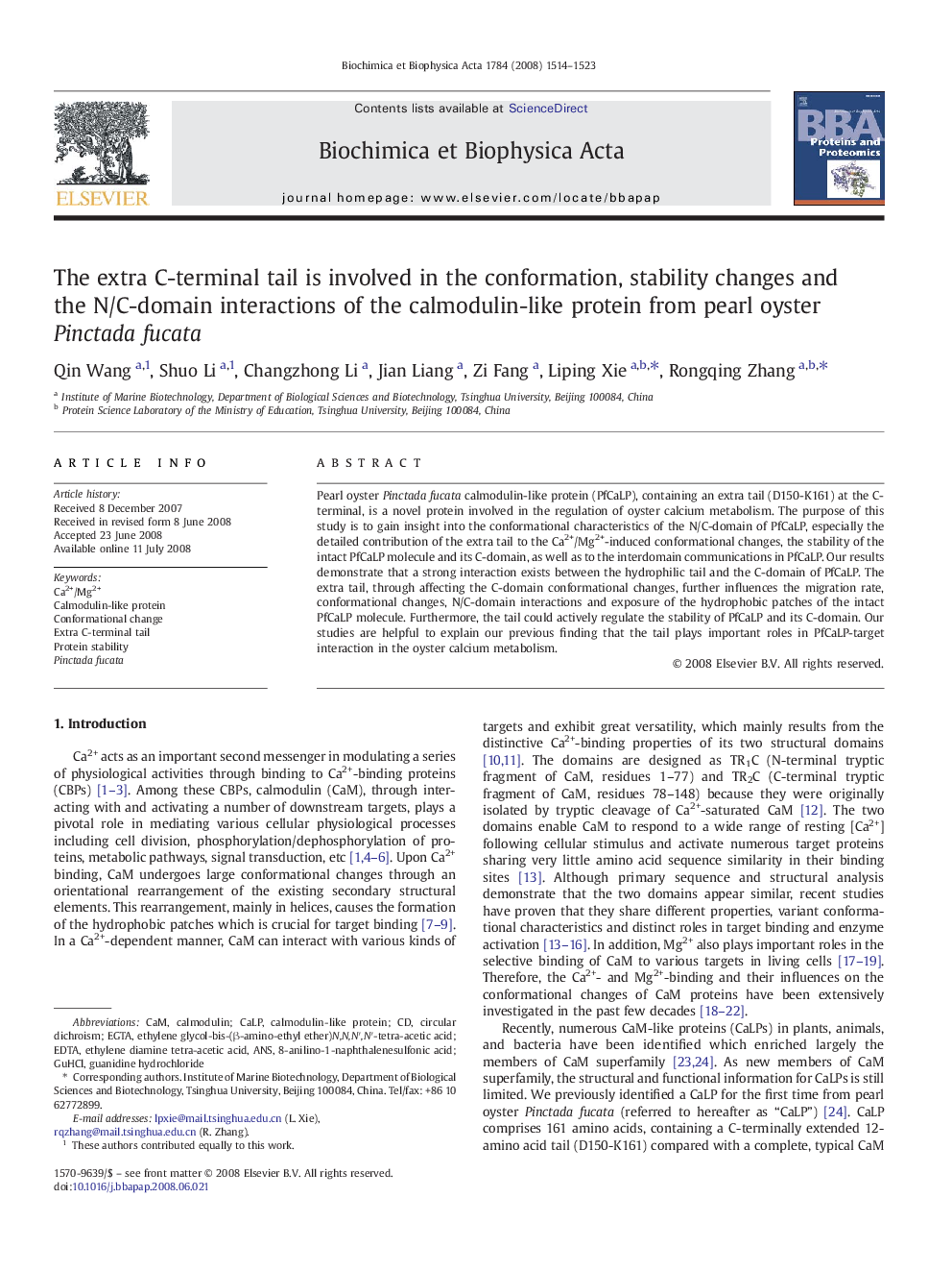 The extra C-terminal tail is involved in the conformation, stability changes and the N/C-domain interactions of the calmodulin-like protein from pearl oyster Pinctada fucata