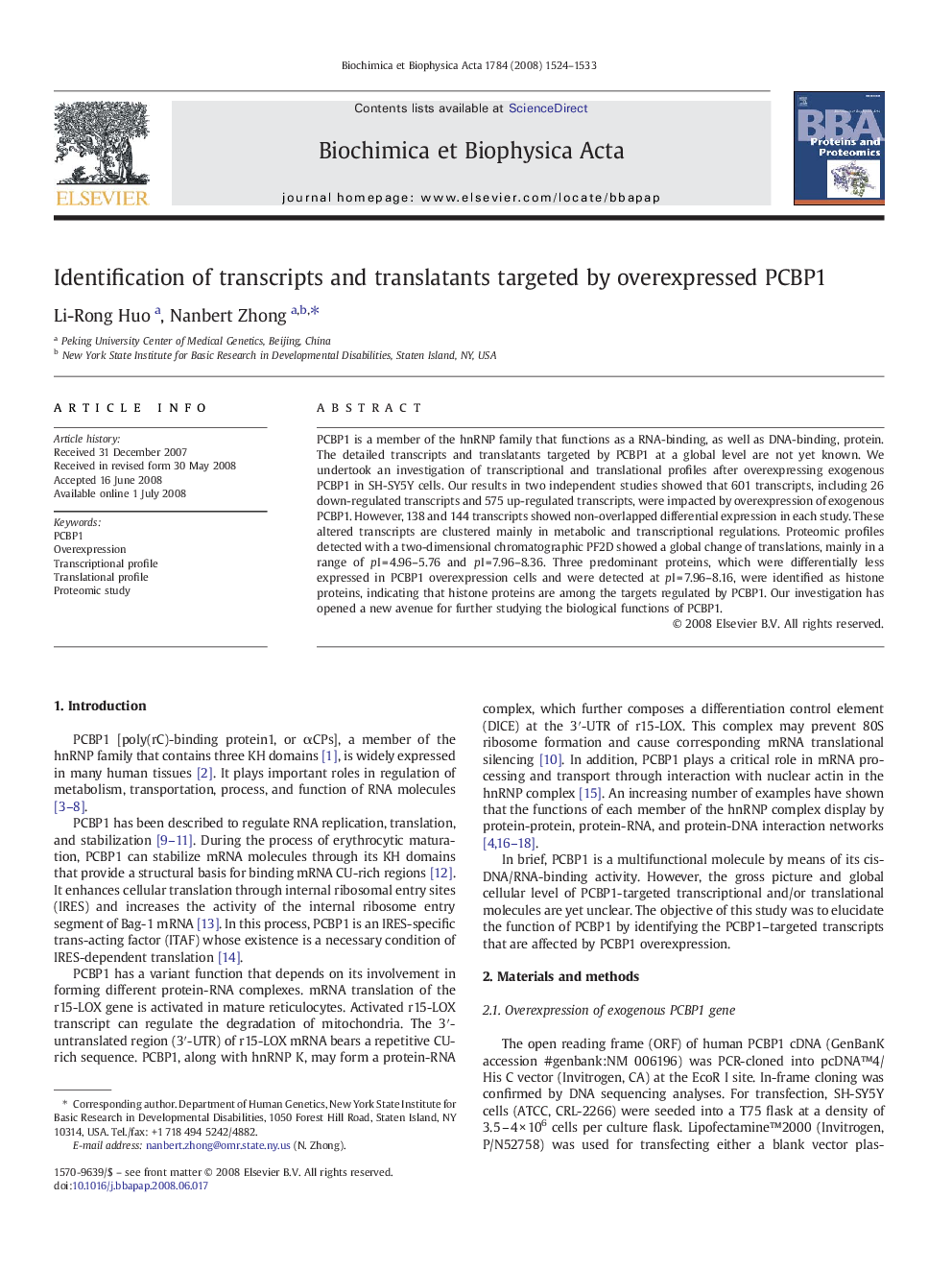 Identification of transcripts and translatants targeted by overexpressed PCBP1