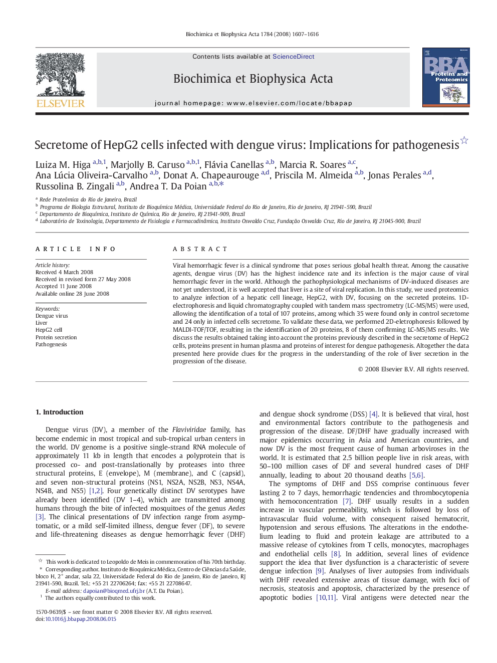 Secretome of HepG2 cells infected with dengue virus: Implications for pathogenesis 