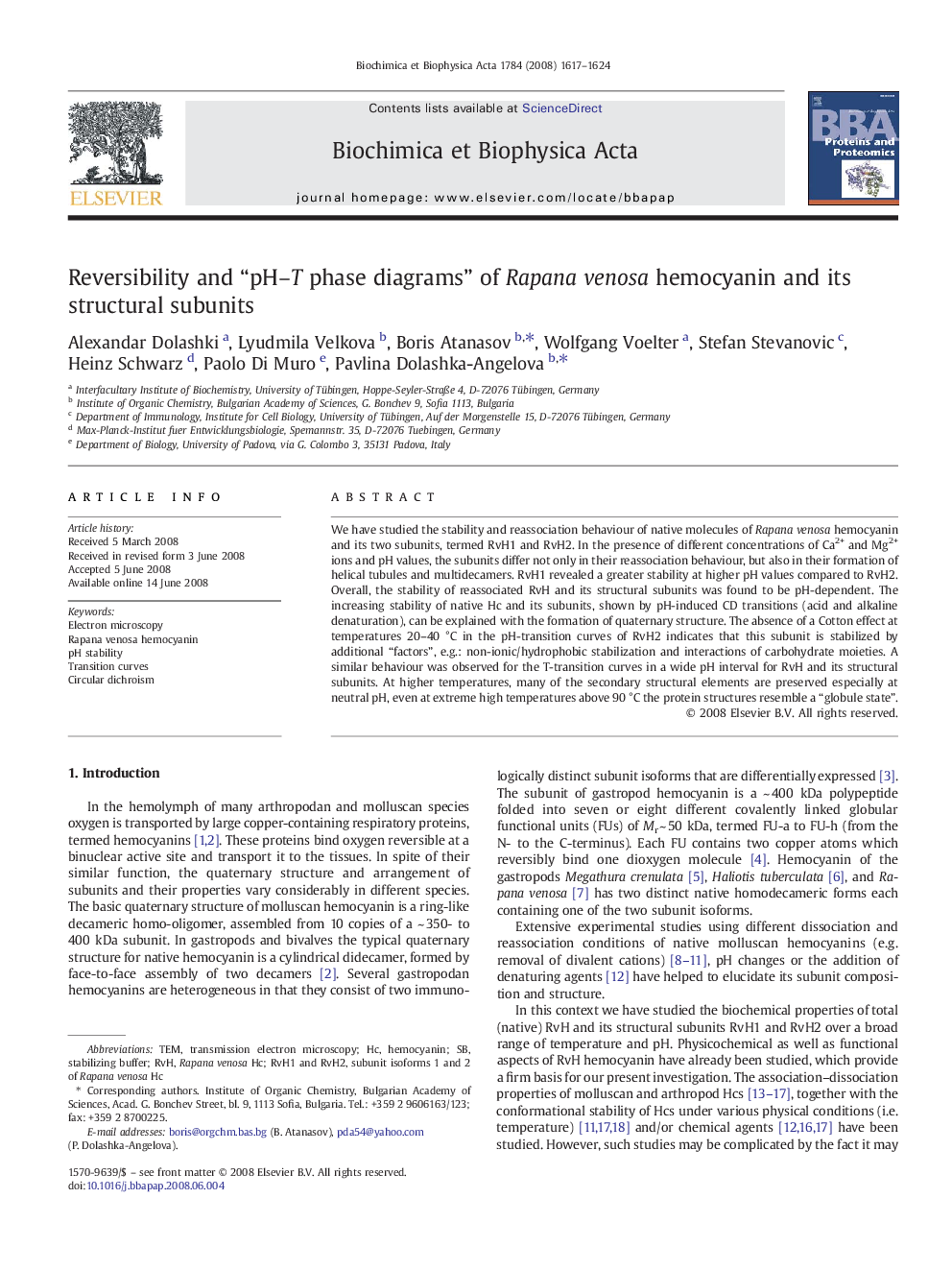 Reversibility and “pH-T phase diagrams” of Rapana venosa hemocyanin and its structural subunits