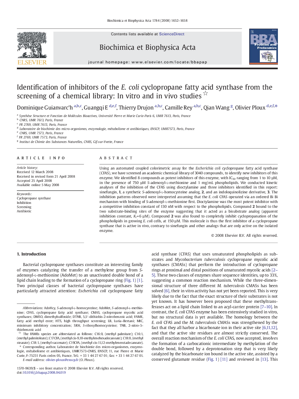 Identification of inhibitors of the E. coli cyclopropane fatty acid synthase from the screening of a chemical library: In vitro and in vivo studies 