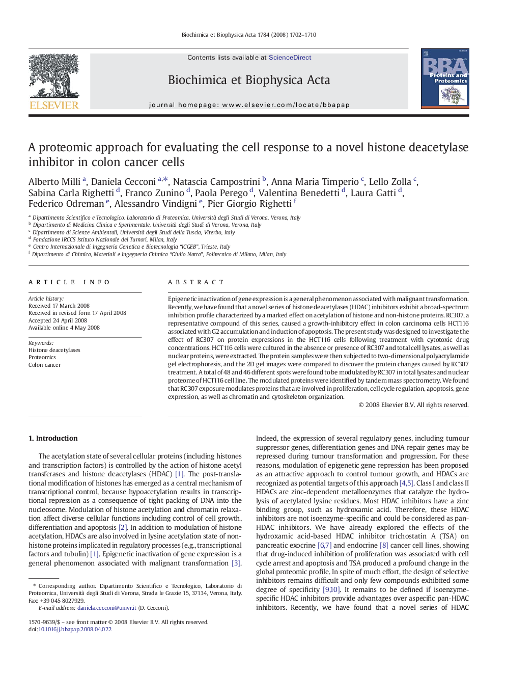 A proteomic approach for evaluating the cell response to a novel histone deacetylase inhibitor in colon cancer cells