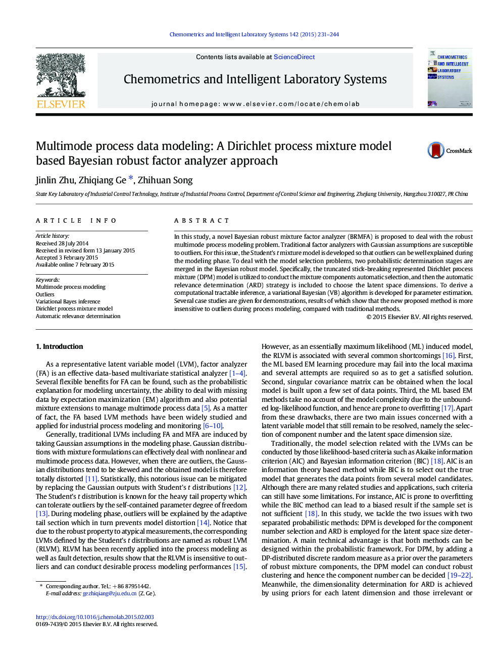 Multimode process data modeling: A Dirichlet process mixture model based Bayesian robust factor analyzer approach