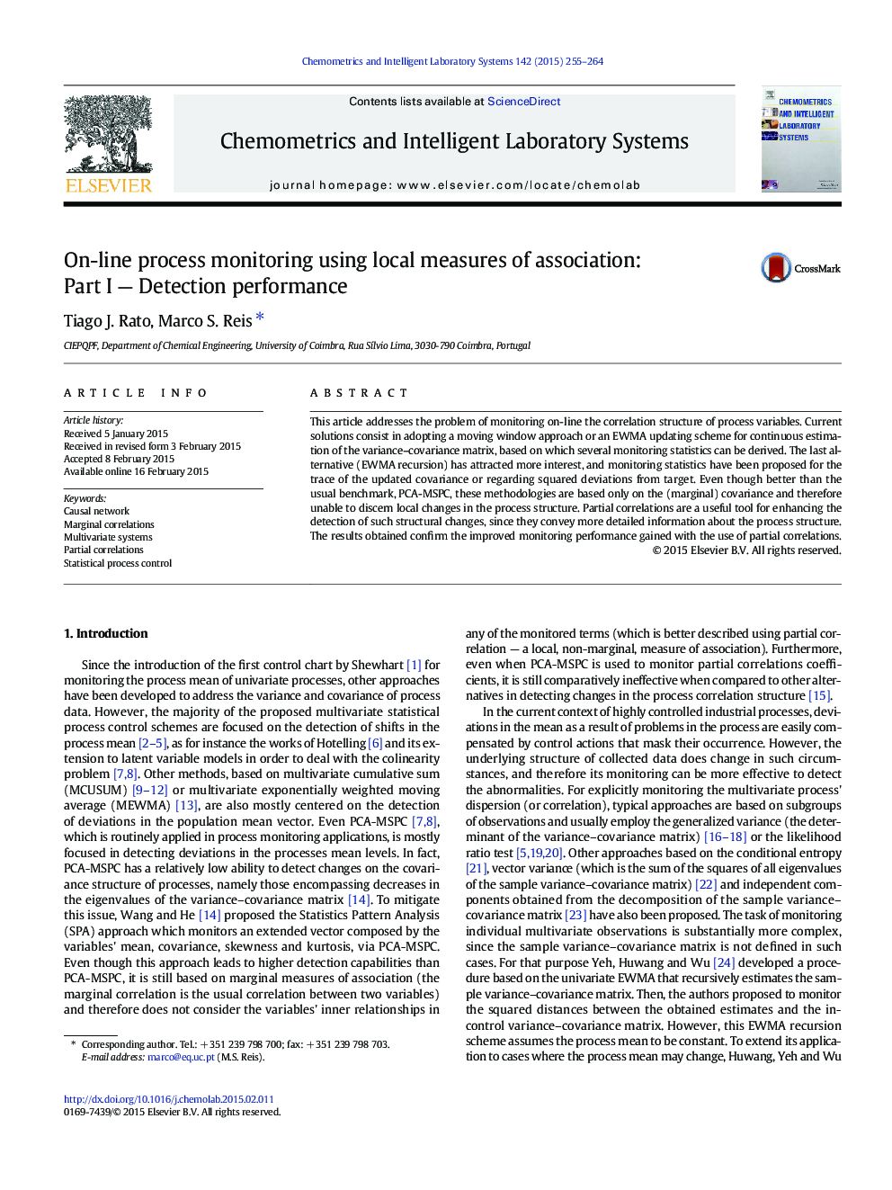 On-line process monitoring using local measures of association: Part I — Detection performance