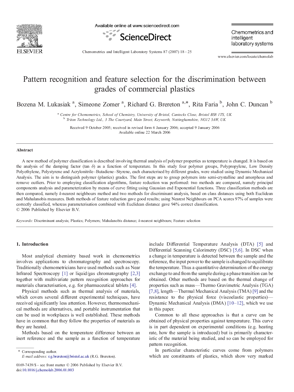 عکس صفحه اول مقاله: Pattern recognition and feature selection for the discrimination between grades of commercial plastics Pattern recognition and feature selection for the discrimination between grades of commercial plastics
