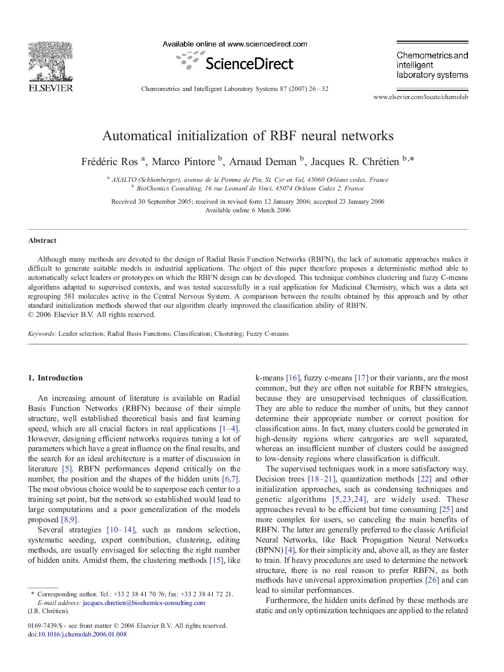 Automatical initialization of RBF neural networks