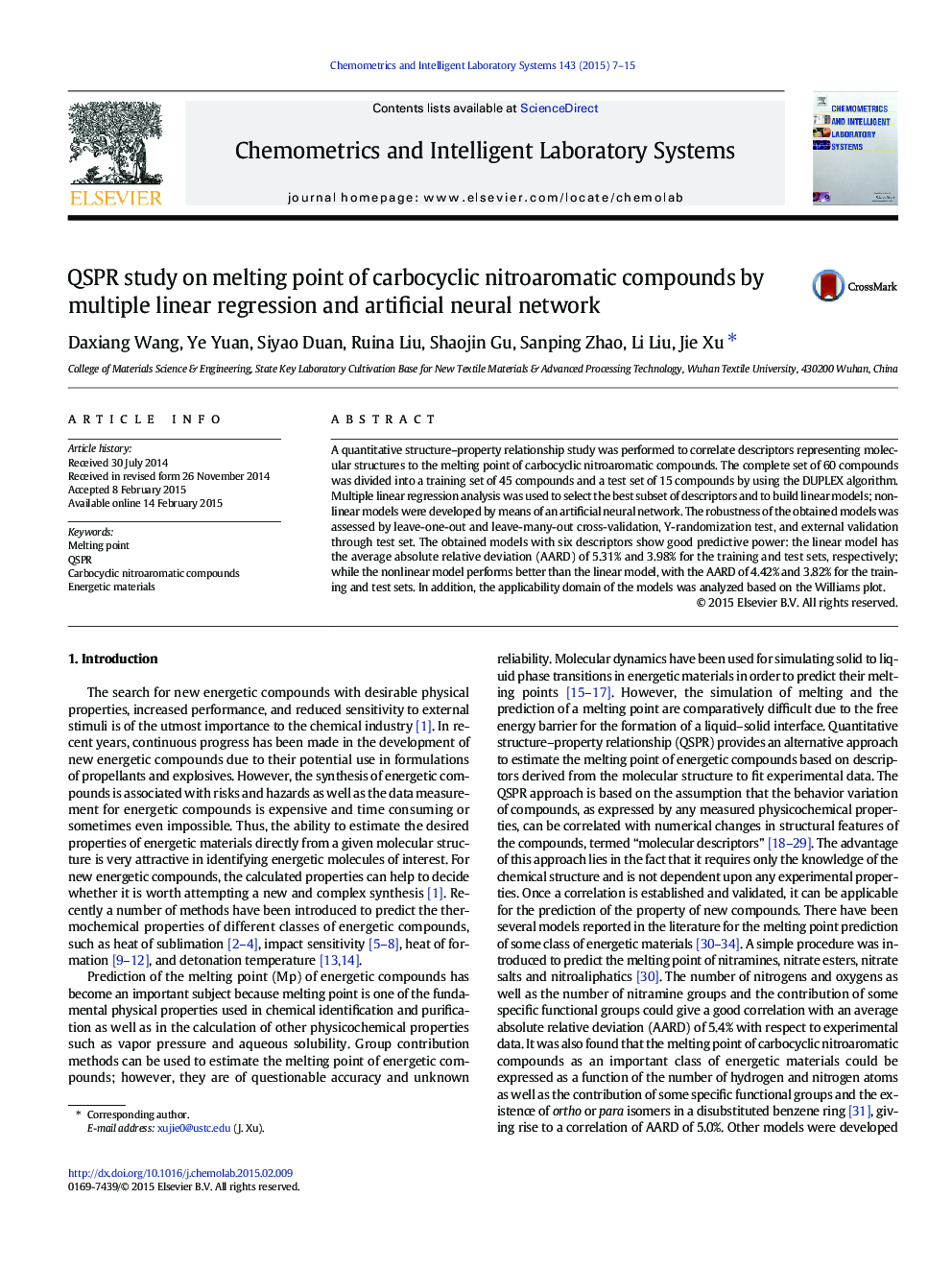 QSPR study on melting point of carbocyclic nitroaromatic compounds by multiple linear regression and artificial neural network