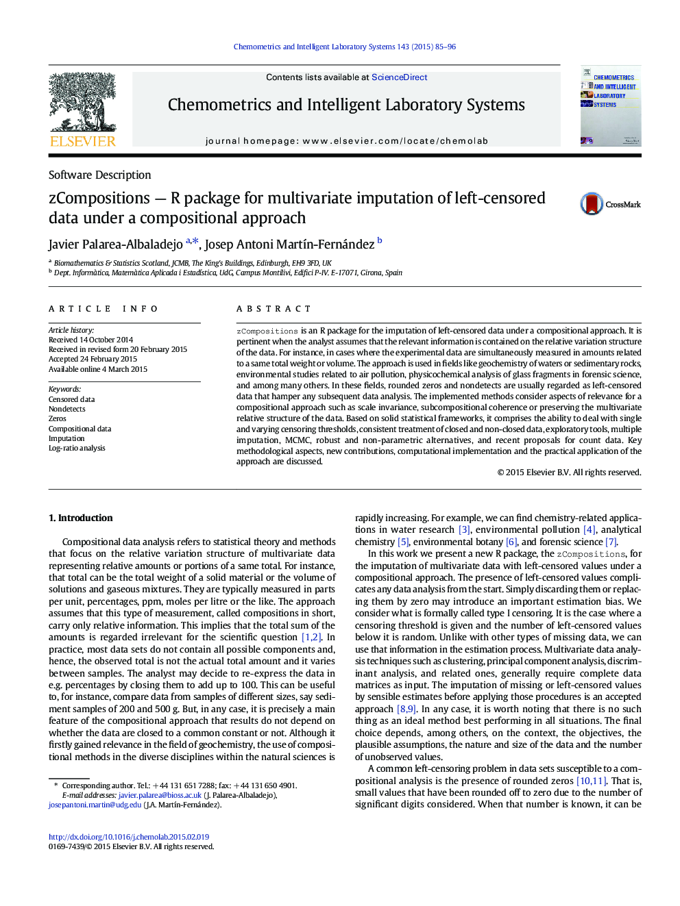 zCompositions — R package for multivariate imputation of left-censored data under a compositional approach