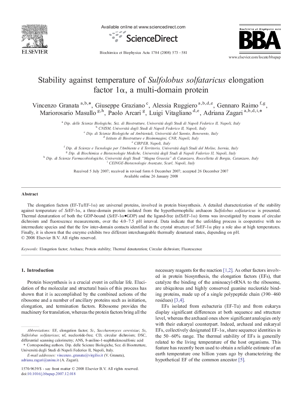 Stability against temperature of Sulfolobus solfataricus elongation factor 1Î±, a multi-domain protein