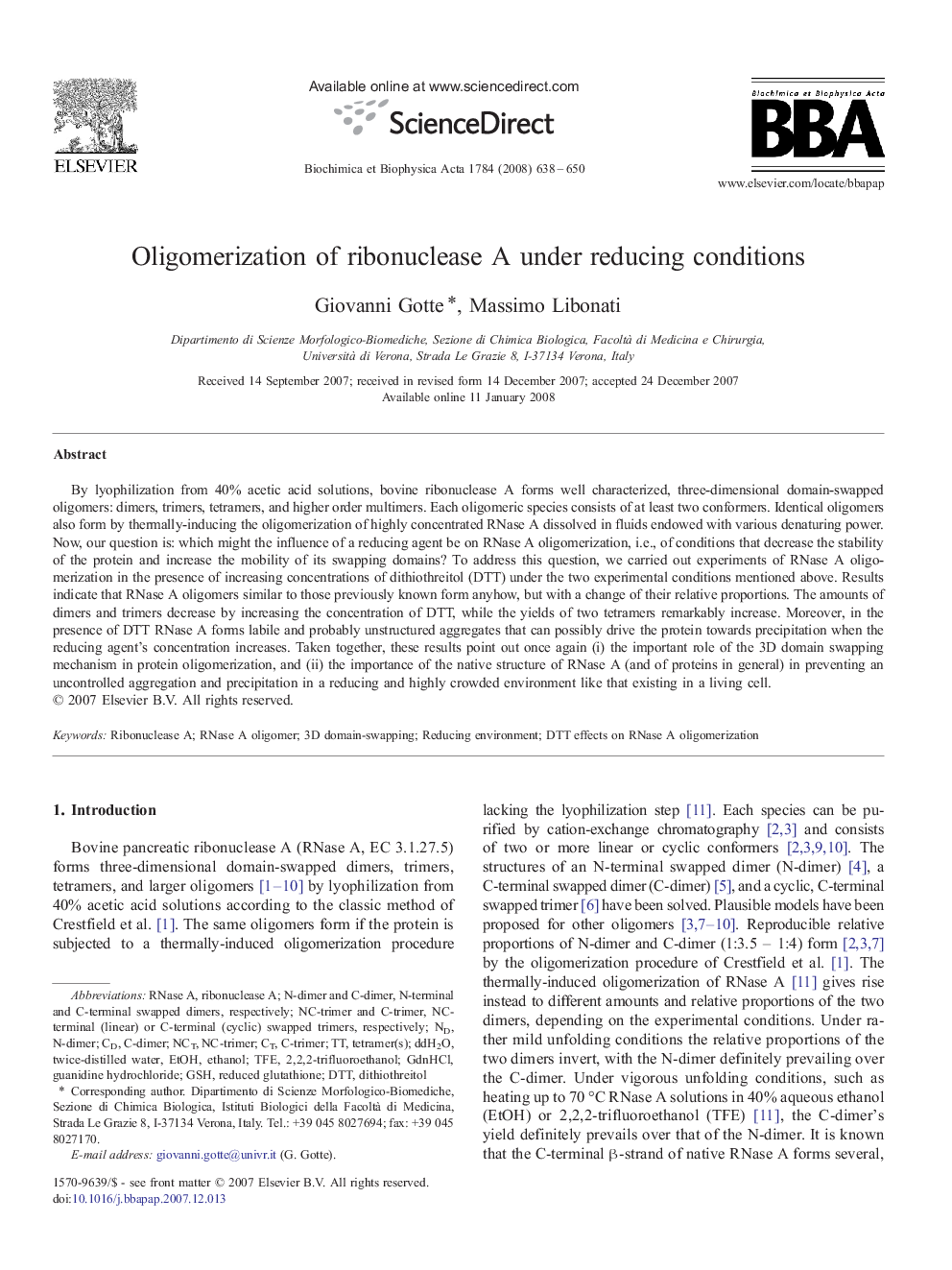 Oligomerization of ribonuclease A under reducing conditions