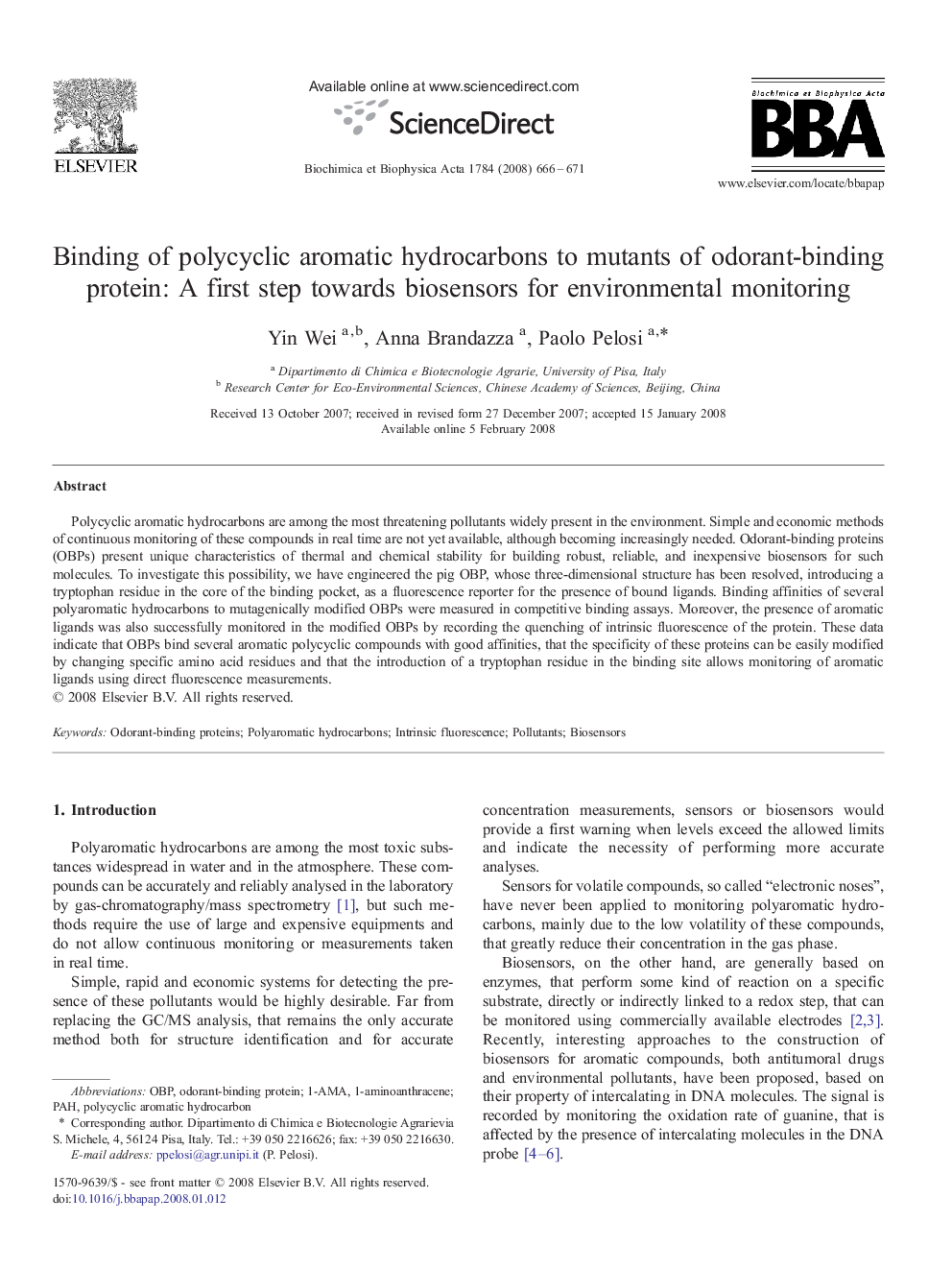 Binding of polycyclic aromatic hydrocarbons to mutants of odorant-binding protein: A first step towards biosensors for environmental monitoring