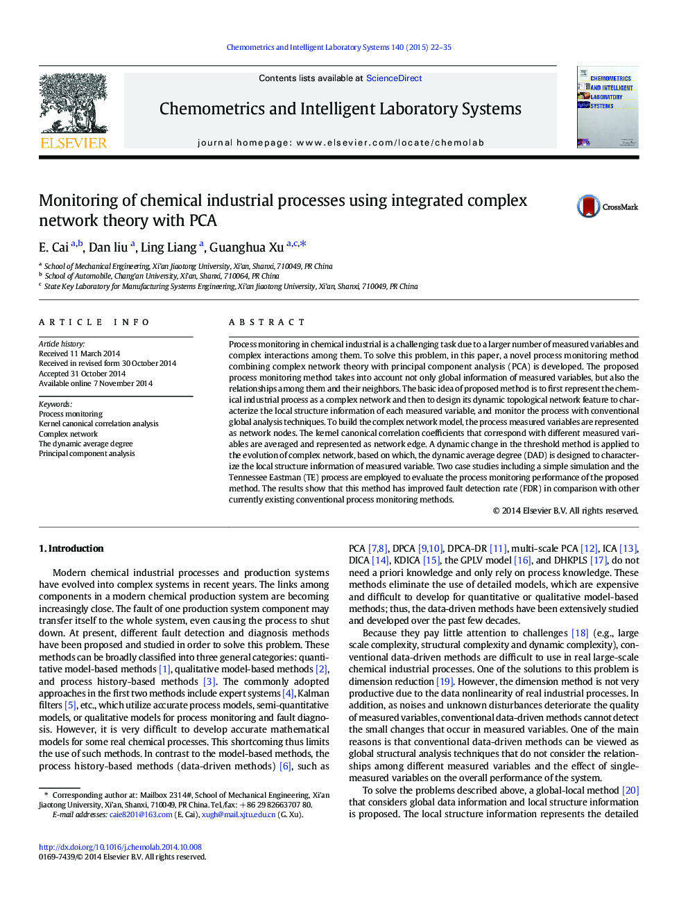 عکس صفحه اول مقاله: Monitoring of chemical industrial processes using integrated complex network theory with PCA Monitoring of chemical industrial processes using integrated complex network theory with PCA