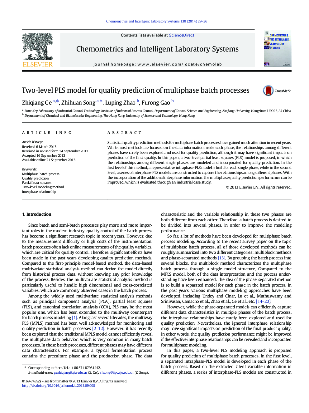 Two-level PLS model for quality prediction of multiphase batch processes