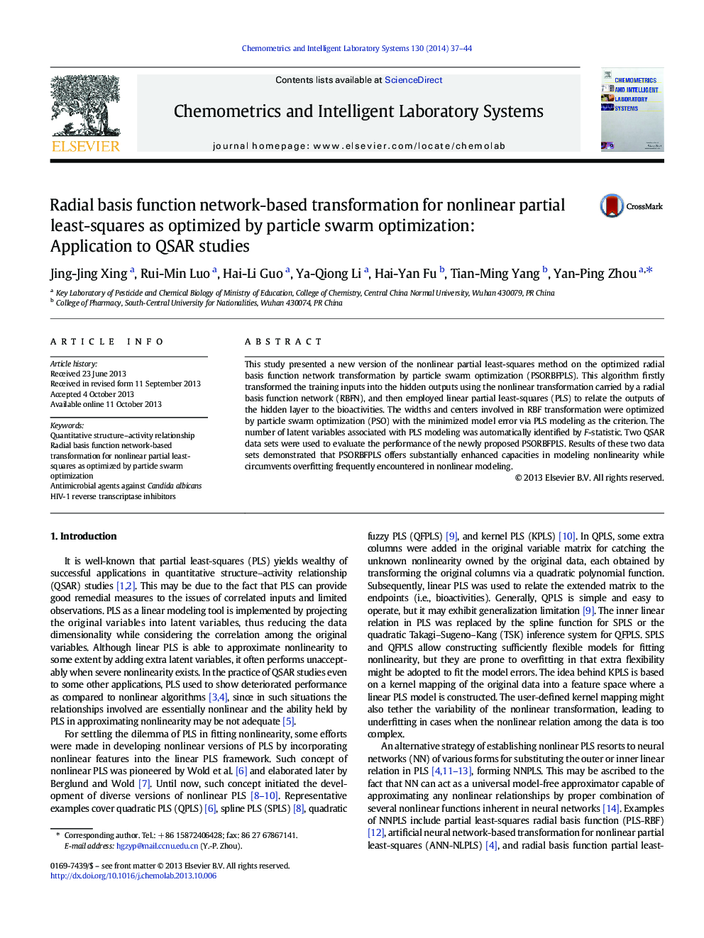 Radial basis function network-based transformation for nonlinear partial least-squares as optimized by particle swarm optimization: Application to QSAR studies