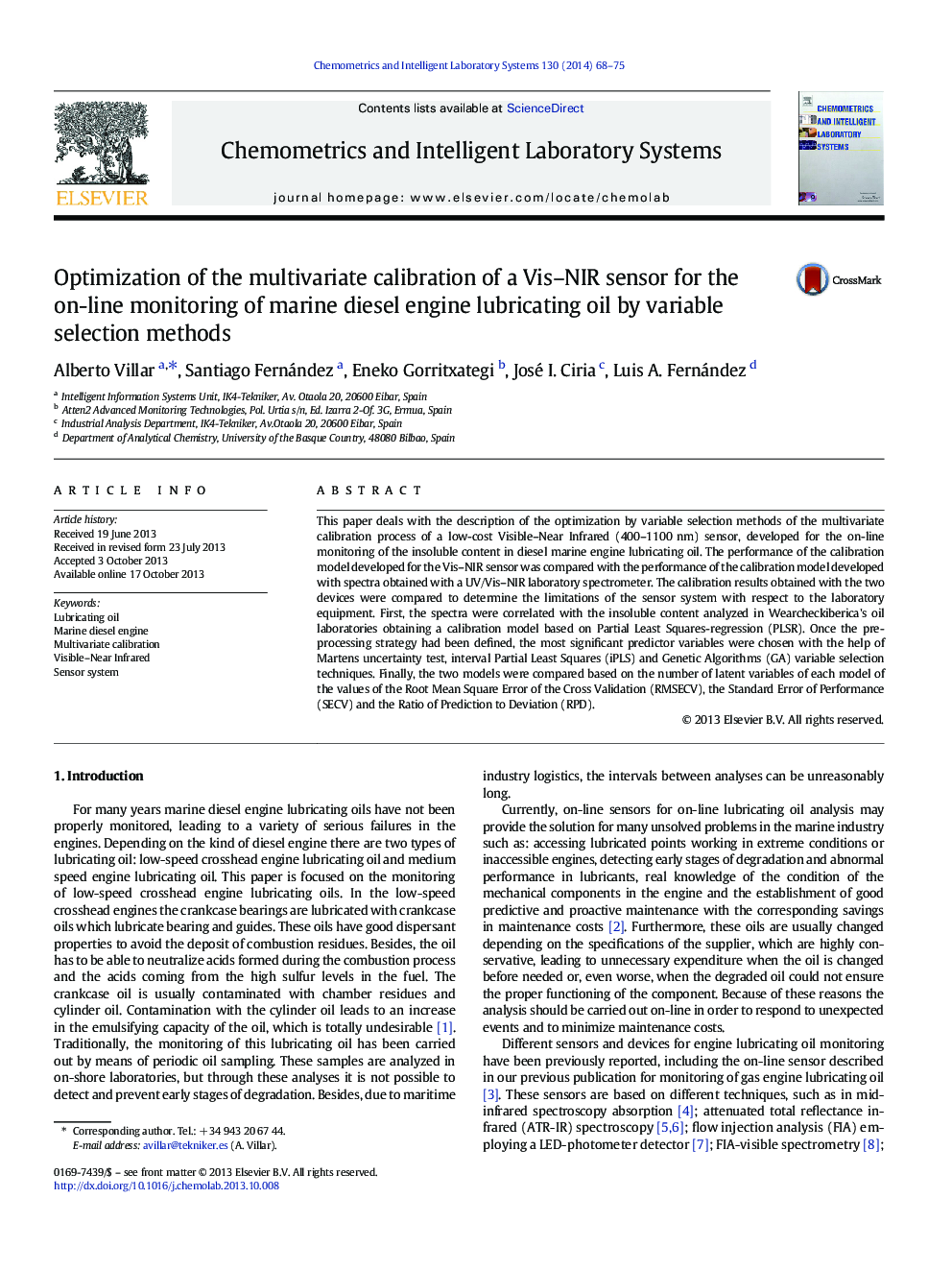 Optimization of the multivariate calibration of a Vis–NIR sensor for the on-line monitoring of marine diesel engine lubricating oil by variable selection methods