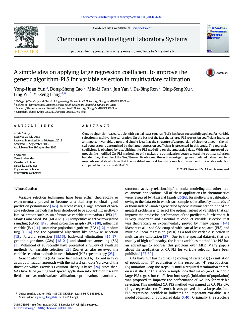 A simple idea on applying large regression coefficient to improve the genetic algorithm-PLS for variable selection in multivariate calibration