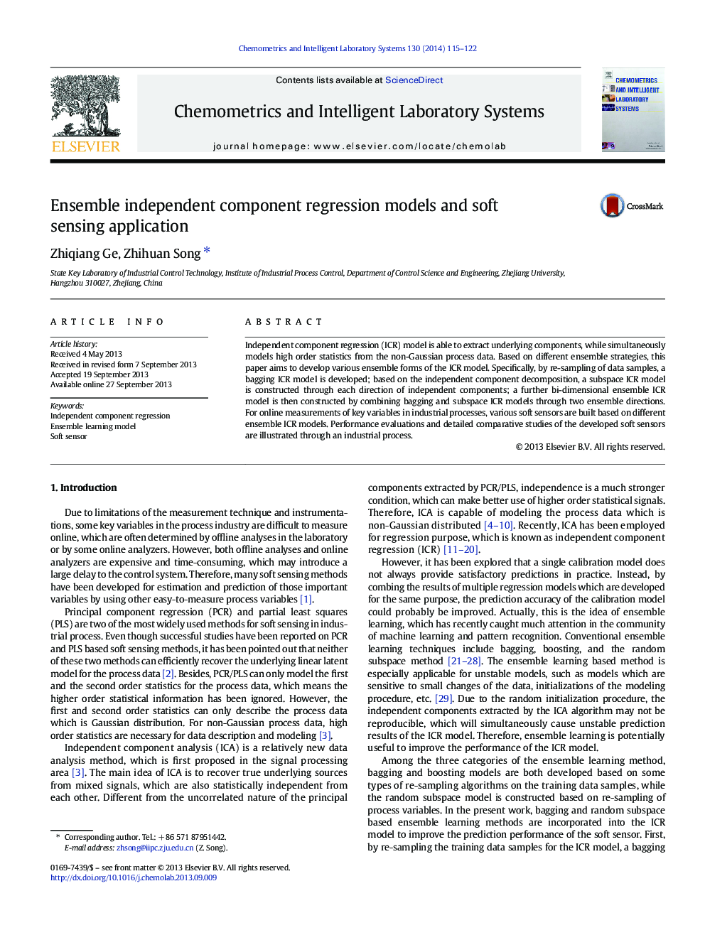 Ensemble independent component regression models and soft sensing application