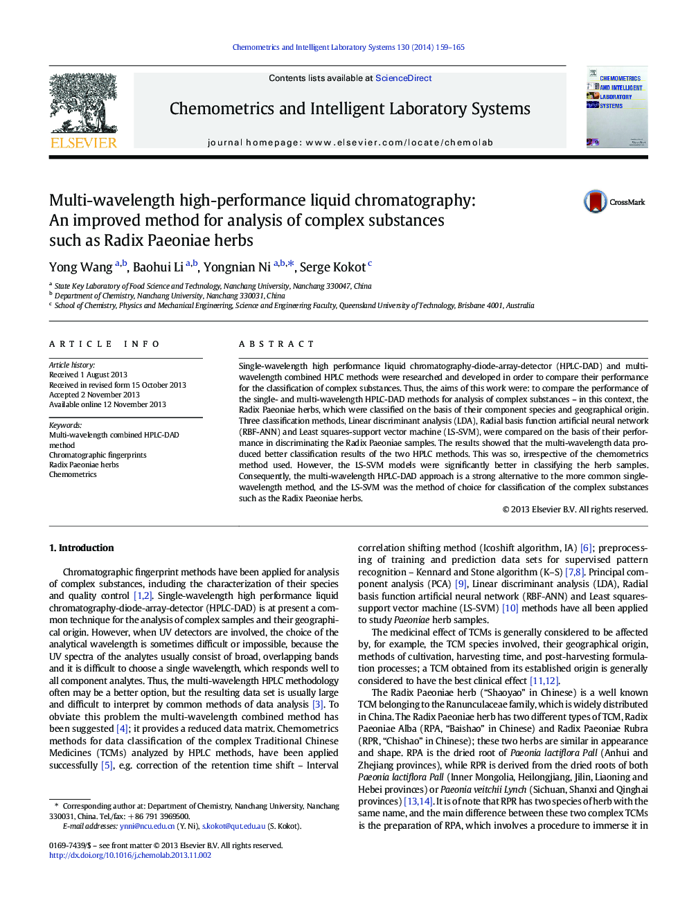 Multi-wavelength high-performance liquid chromatography: An improved method for analysis of complex substances such as Radix Paeoniae herbs