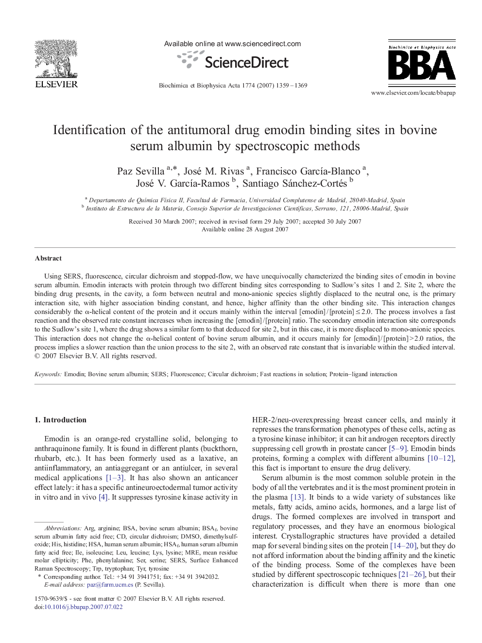 Identification of the antitumoral drug emodin binding sites in bovine serum albumin by spectroscopic methods