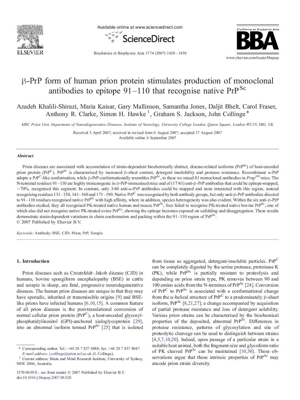 β-PrP form of human prion protein stimulates production of monoclonal antibodies to epitope 91–110 that recognise native PrPSc