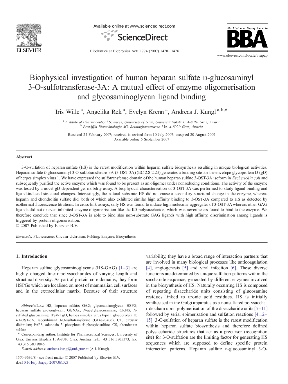 Biophysical investigation of human heparan sulfate d-glucosaminyl 3-O-sulfotransferase-3A: A mutual effect of enzyme oligomerisation and glycosaminoglycan ligand binding