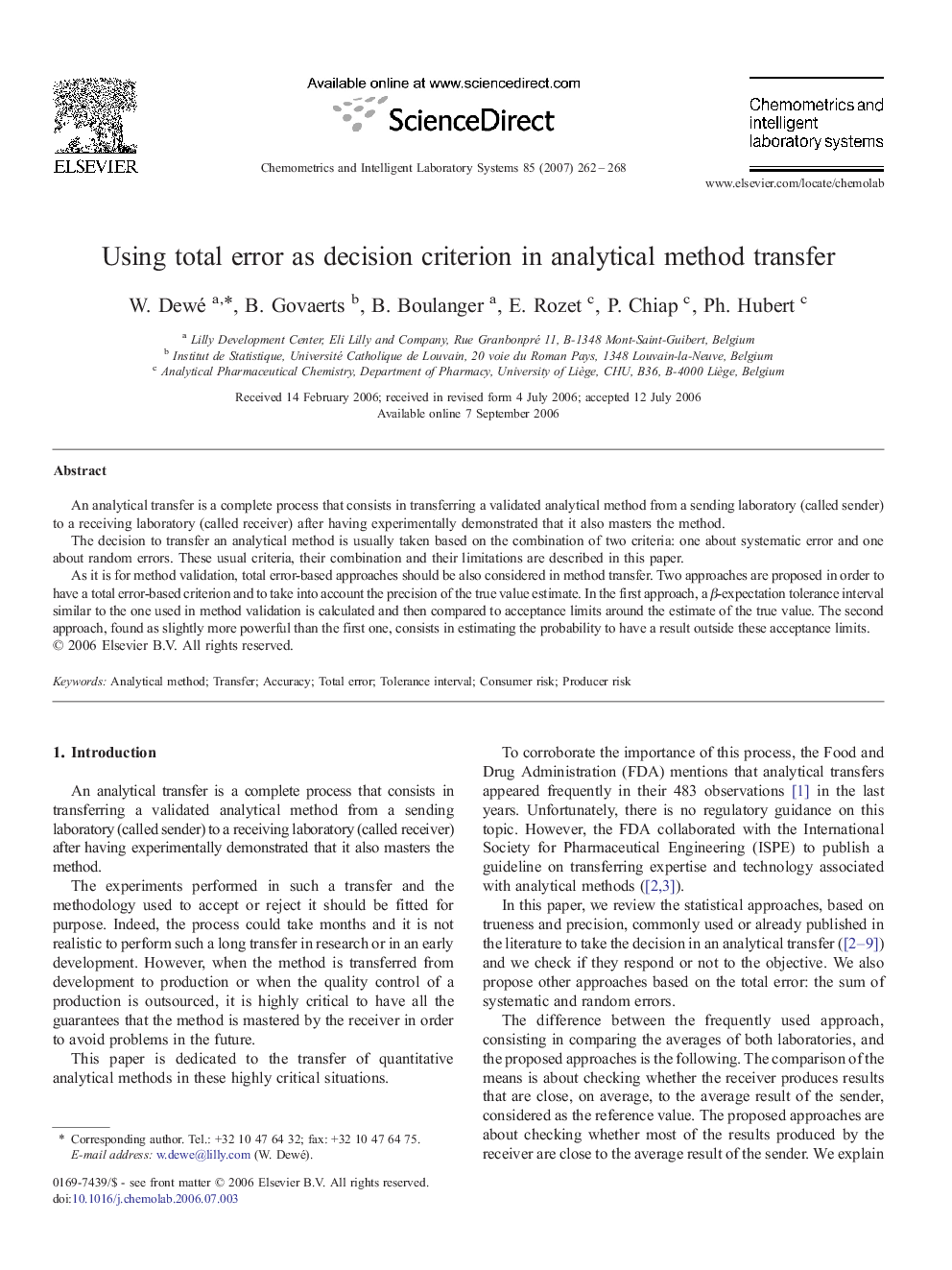 Using total error as decision criterion in analytical method transfer