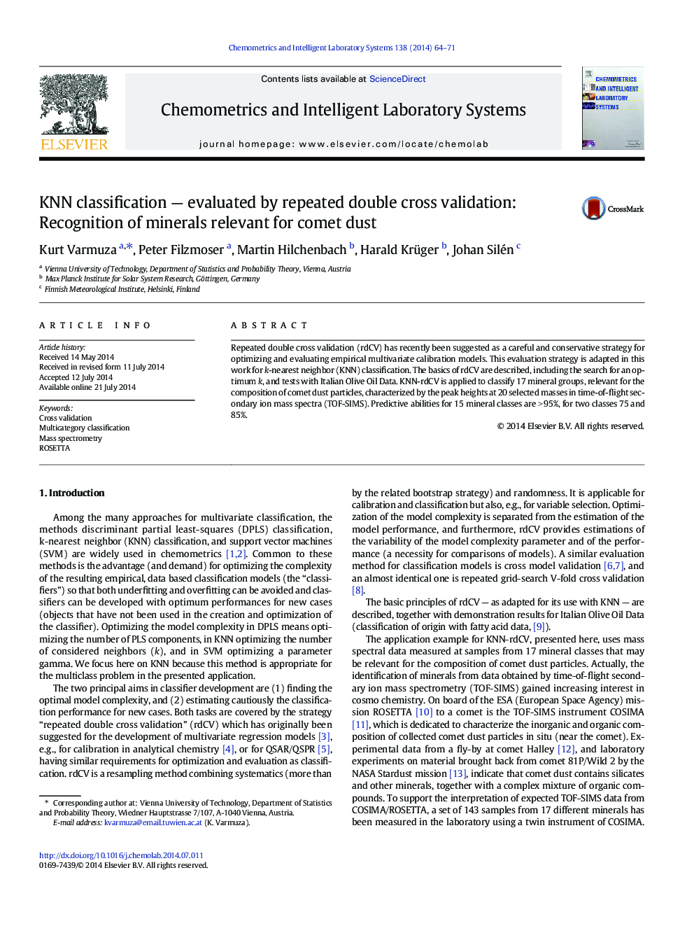 KNN classification — evaluated by repeated double cross validation: Recognition of minerals relevant for comet dust