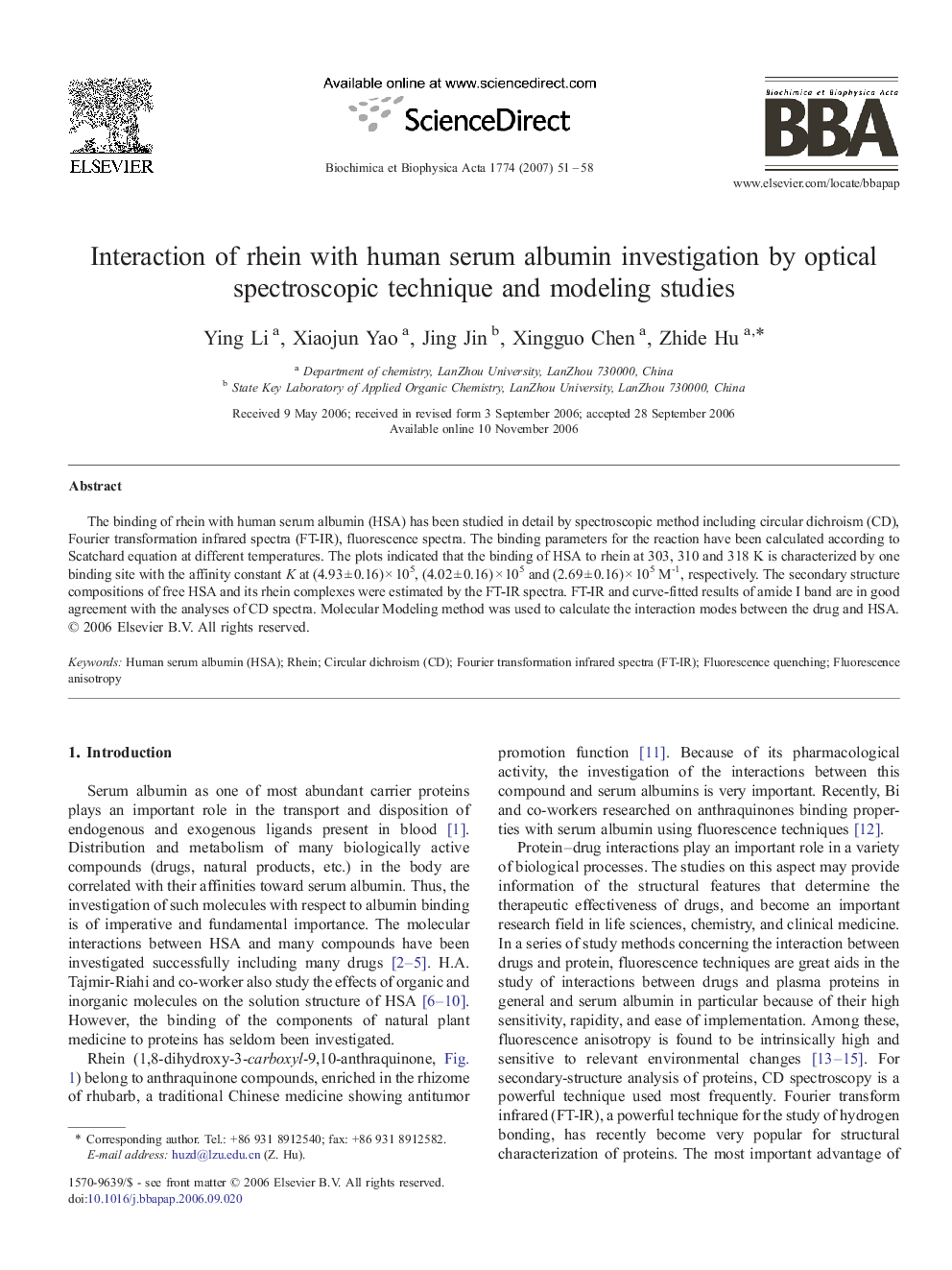 Interaction of rhein with human serum albumin investigation by optical spectroscopic technique and modeling studies