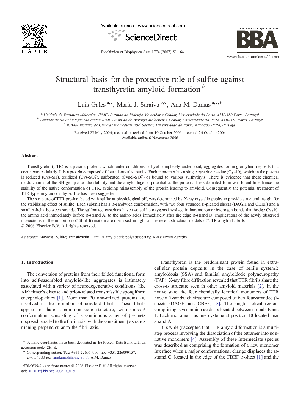 Structural basis for the protective role of sulfite against transthyretin amyloid formation 