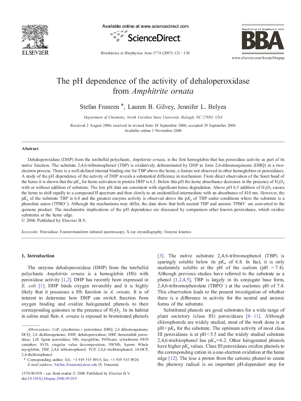 The pH dependence of the activity of dehaloperoxidase from Amphitrite ornata