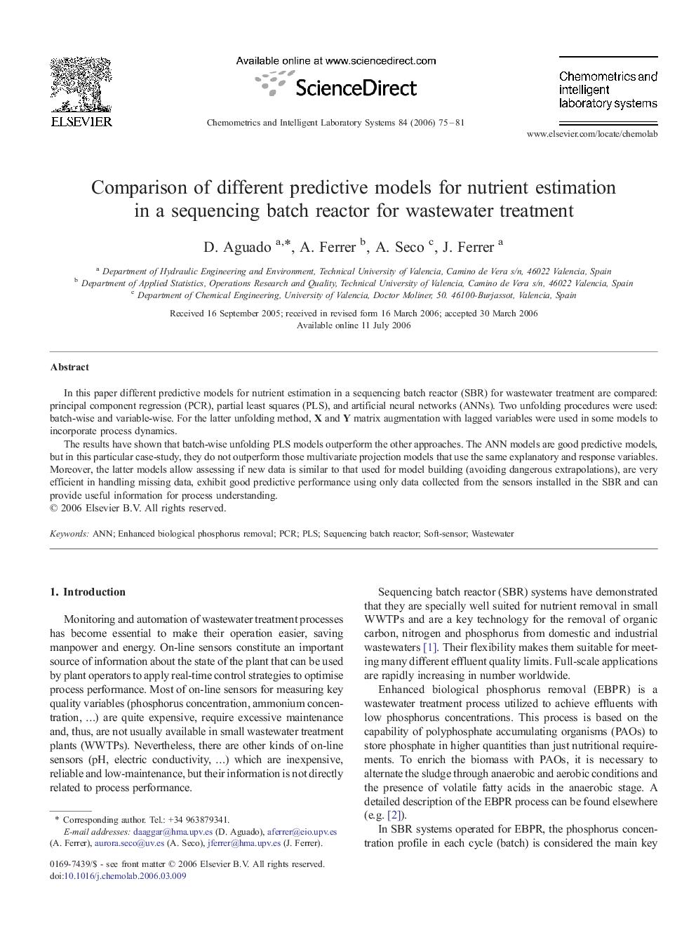 Comparison of different predictive models for nutrient estimation in a sequencing batch reactor for wastewater treatment