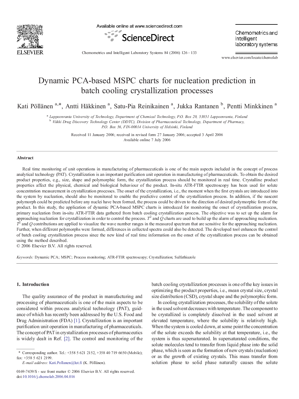 Dynamic PCA-based MSPC charts for nucleation prediction in batch cooling crystallization processes