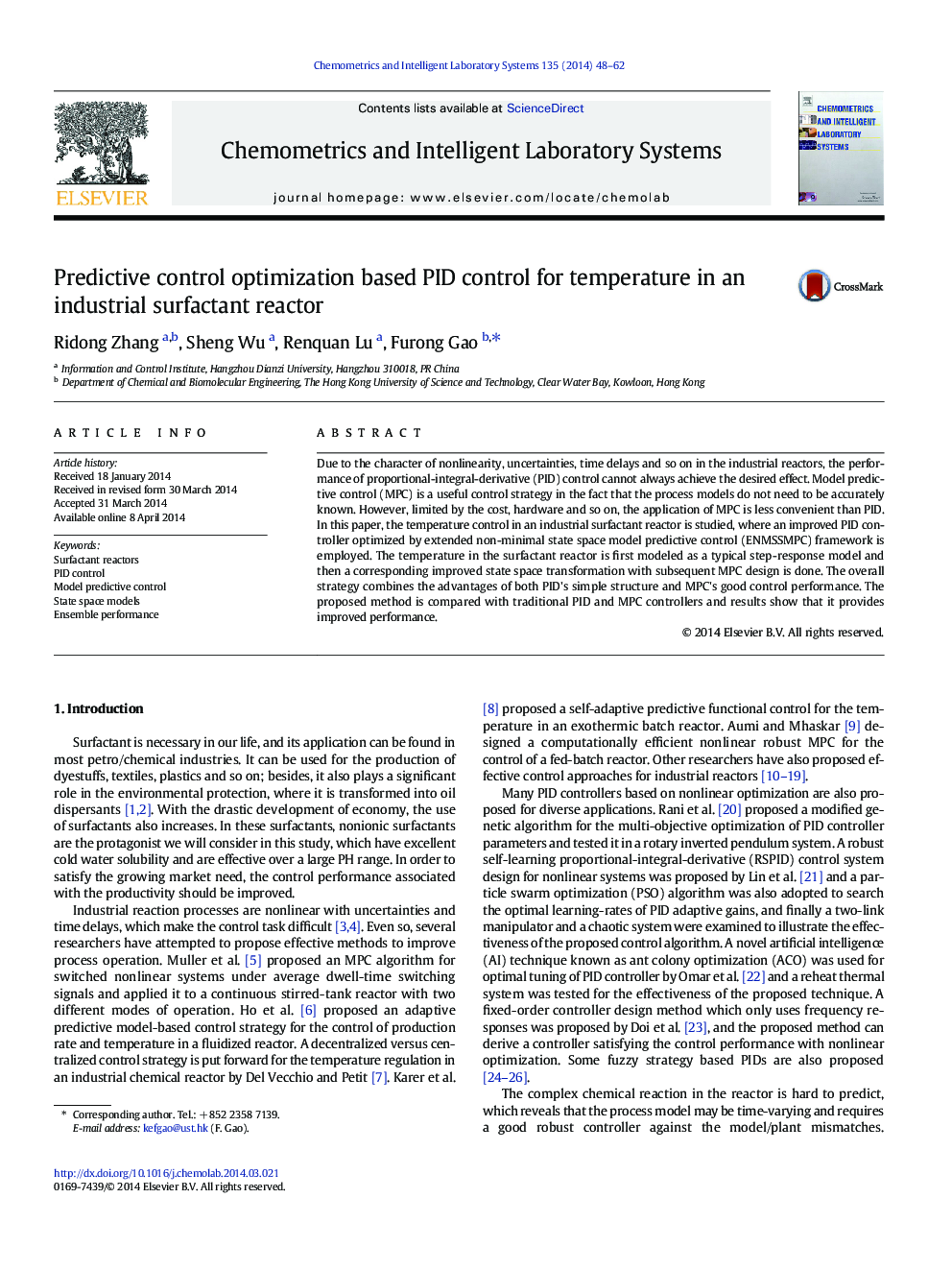 Predictive control optimization based PID control for temperature in an industrial surfactant reactor