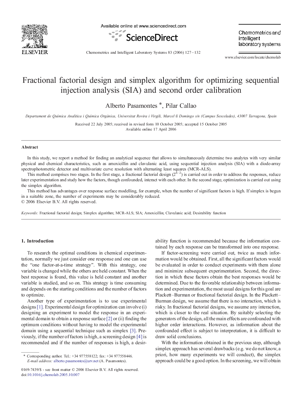 Fractional factorial design and simplex algorithm for optimizing sequential injection analysis (SIA) and second order calibration