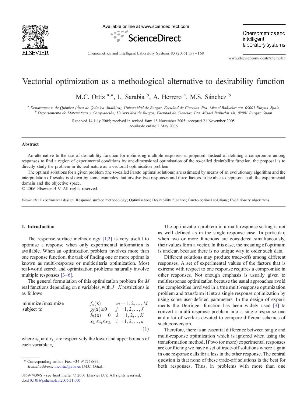 Vectorial optimization as a methodogical alternative to desirability function