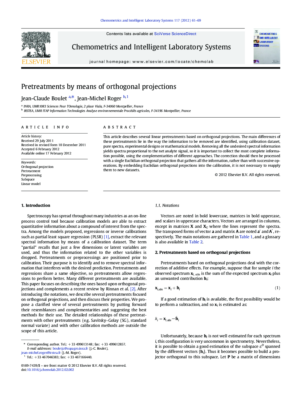 Pretreatments by means of orthogonal projections