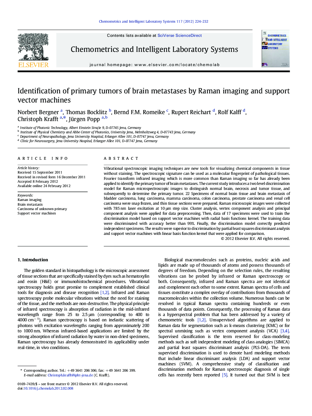 Identification of primary tumors of brain metastases by Raman imaging and support vector machines