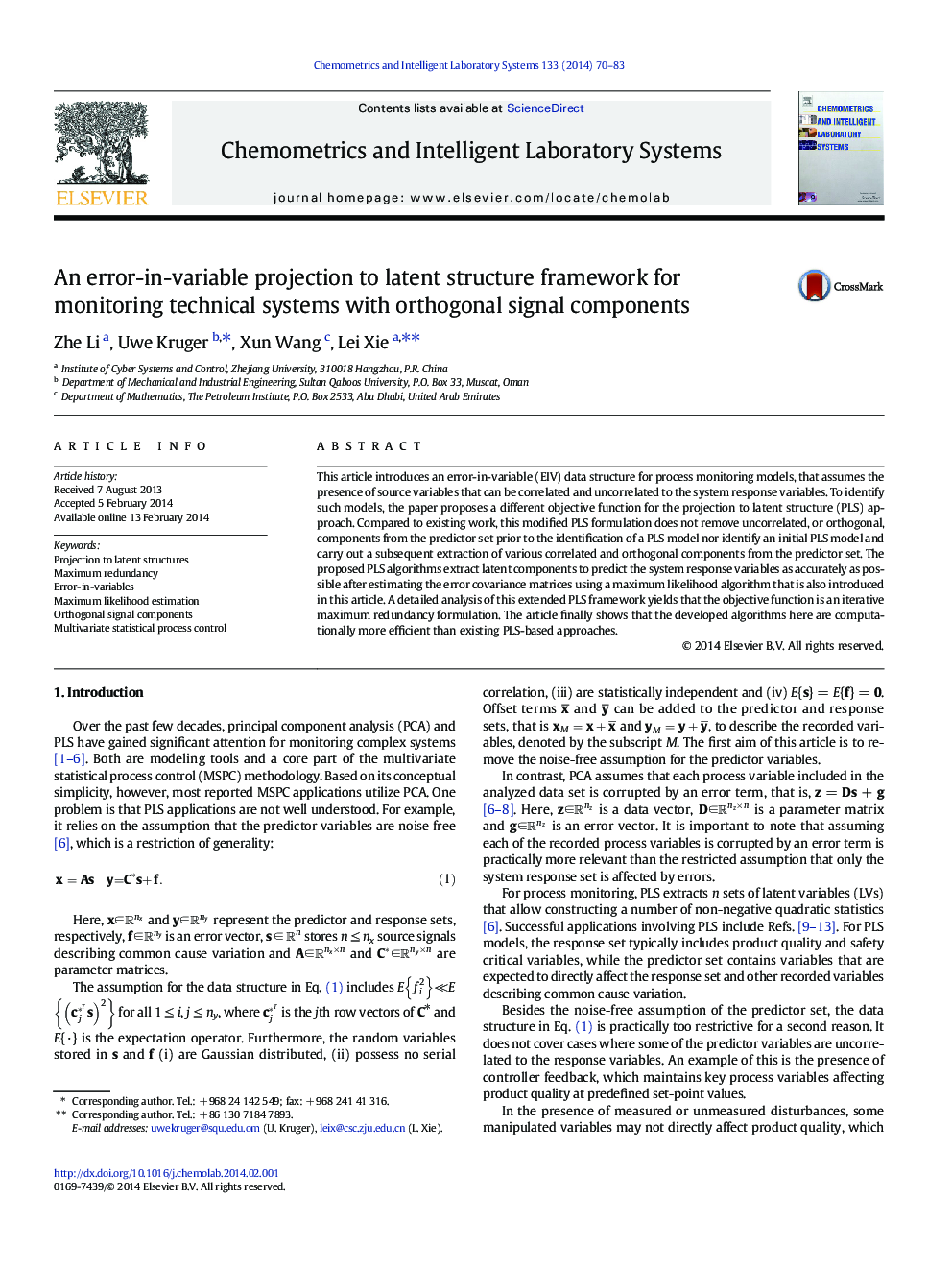 An error-in-variable projection to latent structure framework for monitoring technical systems with orthogonal signal components