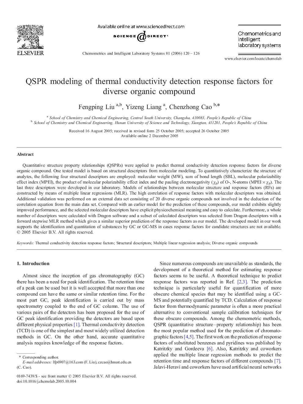 QSPR modeling of thermal conductivity detection response factors for diverse organic compound