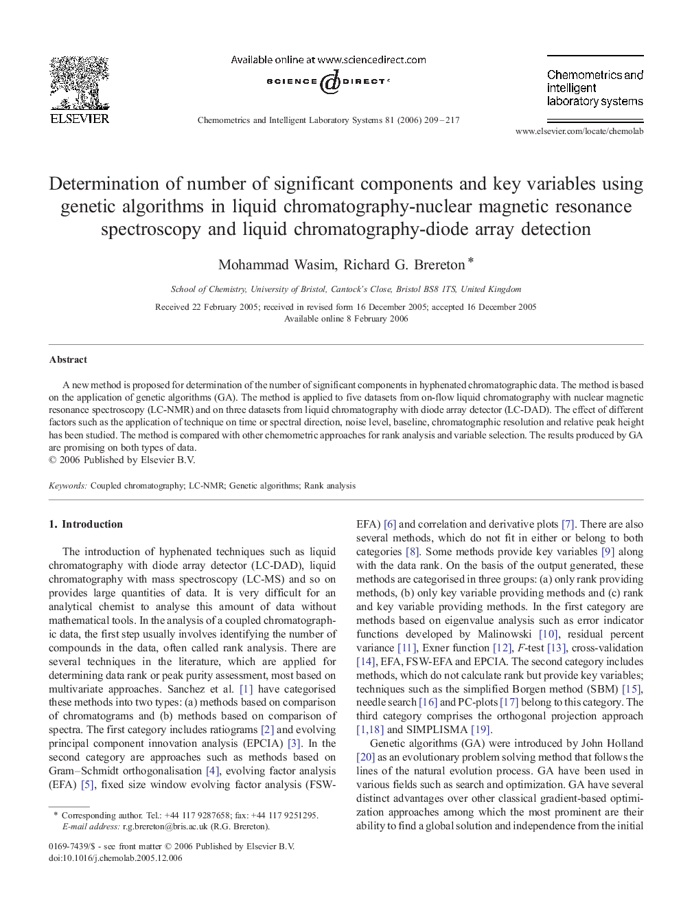 Determination of number of significant components and key variables using genetic algorithms in liquid chromatography-nuclear magnetic resonance spectroscopy and liquid chromatography-diode array detection