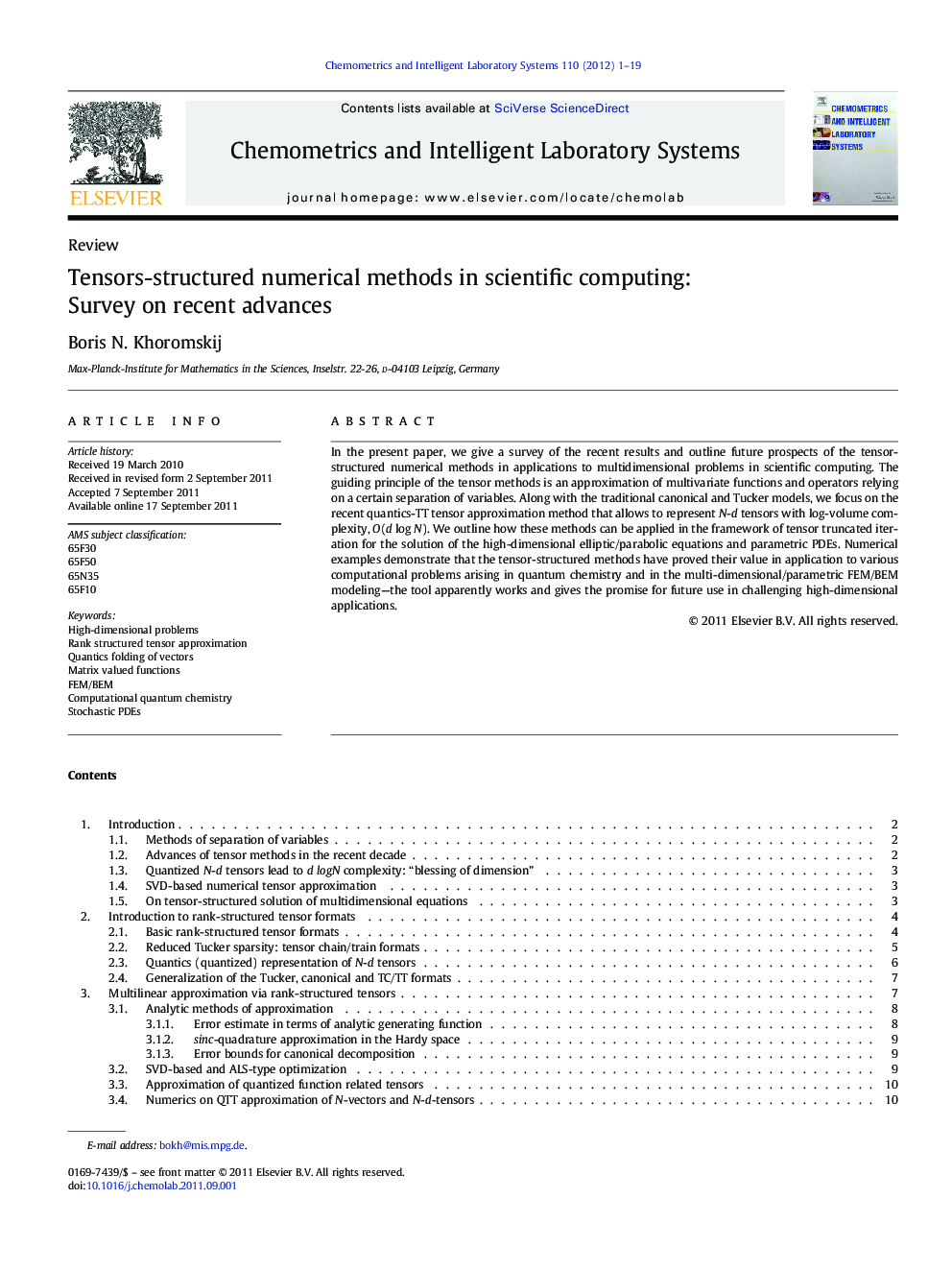 Tensors-structured numerical methods in scientific computing: Survey on recent advances